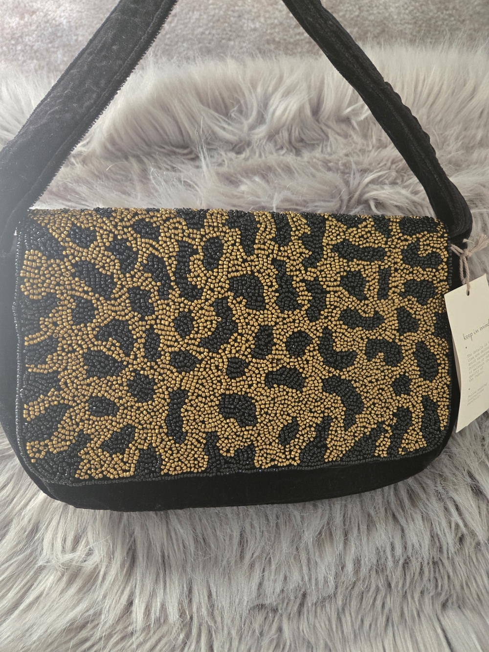 Beaded Leopard Print Shoulder Bag - Black & Gold